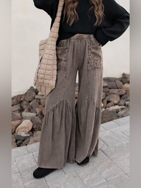 J.HER mineral washed cotton leopard print pocket wide leg flare pants